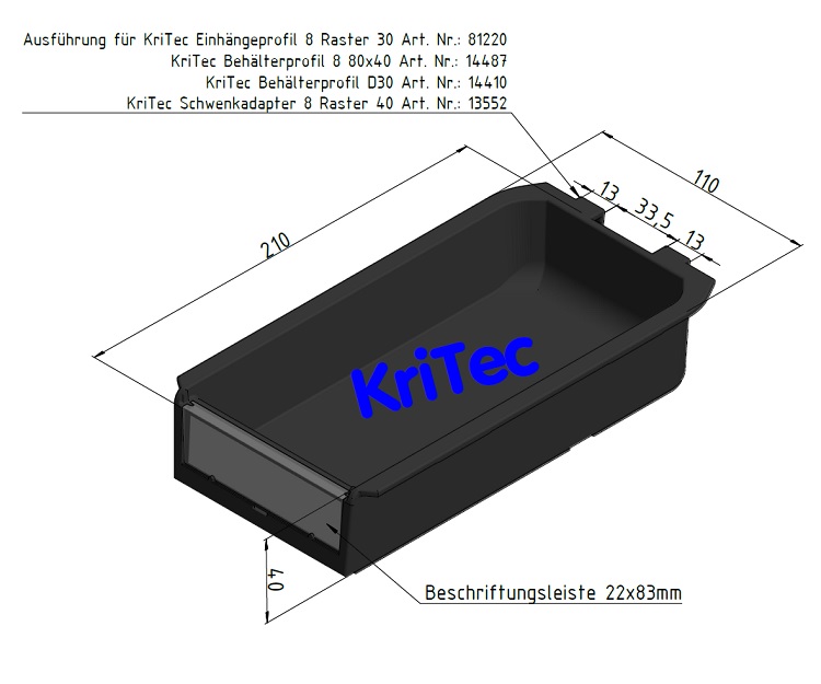 KriTec Greifschale Schiene 110x210x40 PA, schwarz