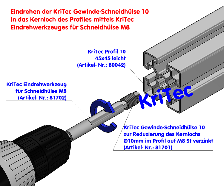 KriTec Gewinde-Schneidhülse 10 St M8 verzinkt zur Reduzierung des Profil-Kernloches auf M8
