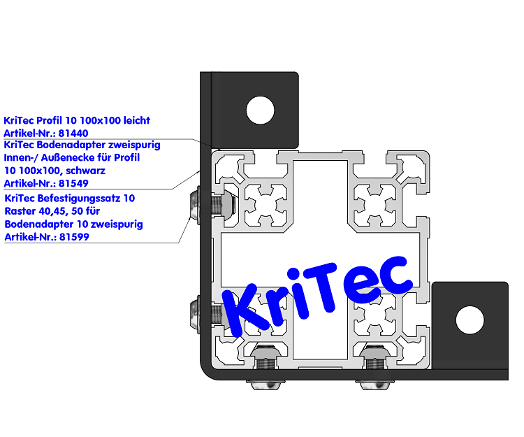 KriTec Bodenadapter zweispurig Innen-/ Außenecke für Profil 10 100x100, schwarz