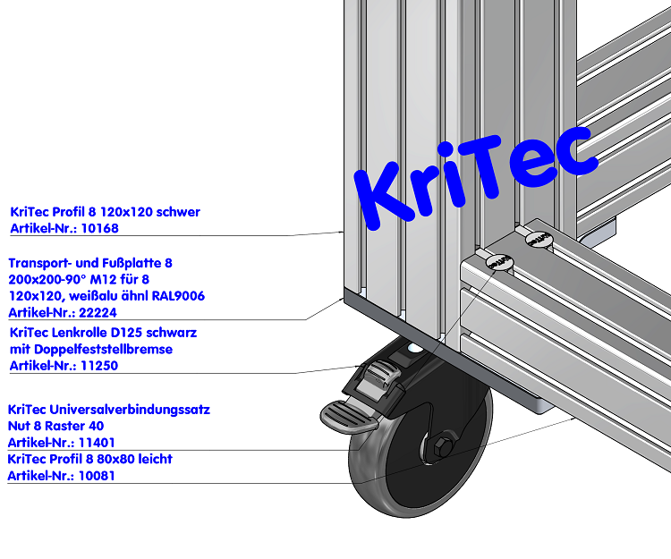 KriTec Transport- und Fußplatte 8 200x200-90° M12 für Profil 8 120x120 weißaluminium