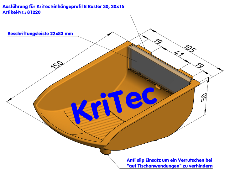 KriTec Greifschale Schiene 105x130x50 signalgelb ähnl. RAL 1003