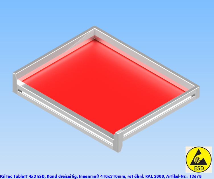 KriTec Tablett 4x3 ESD, Rand dreiseitig, Innenmaß 410x310mm, rot ähnl. RAL 3000