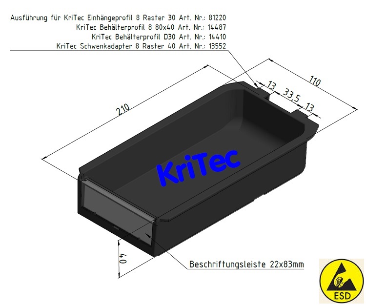 KriTec Greifschale Schiene 110x210x40 PA, schwarz, ESD