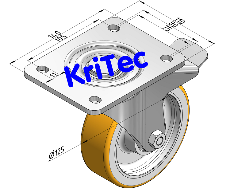 KriTec Schwerlast-Lenkrolle D125 mit Feststeller an der Nachlaufseite