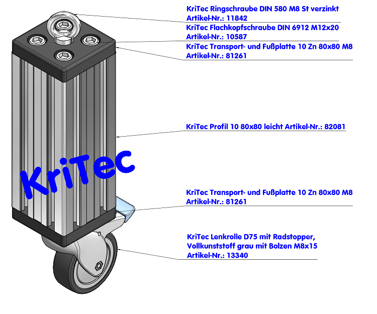 KriTec Lenkrolle D75 mit Radstopper, Vollkunststoff grau mit Bolzen M8x15