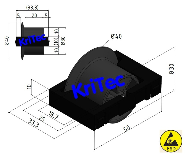 KriTec Rollenelement D28 mit Rolle R28 Flansch, schwarz, antistatisch