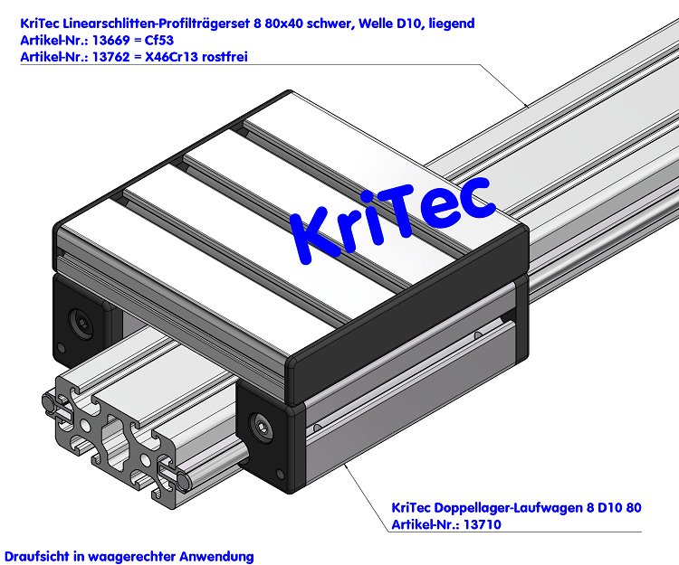 KriTec Linearschlitten-Profilträgerset 8 80x40 schwer, Welle D10, liegend