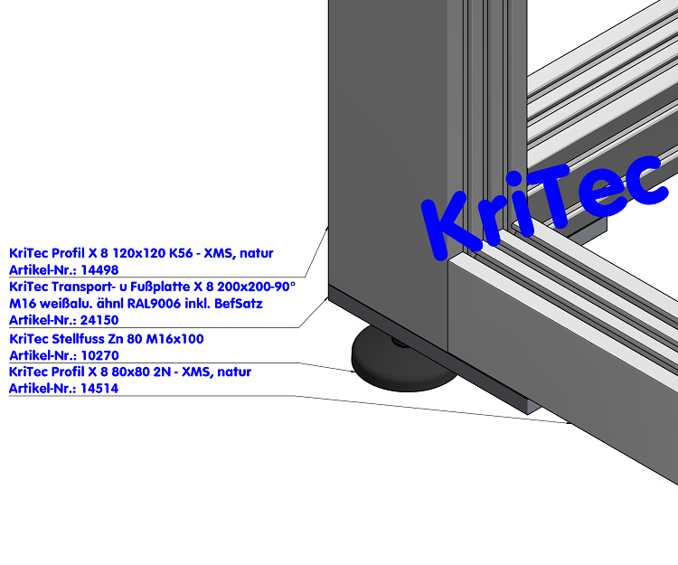 KriTec Transport- und Fußplatte X 8 200x200-90° M16, weißaluminium ähnlich RAL 9006