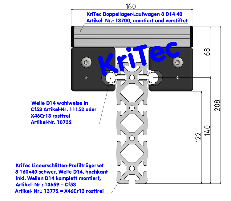 KriTec Linearschlitten-Profilträgerset 8 160x40 schwer, Welle D14, hochkant