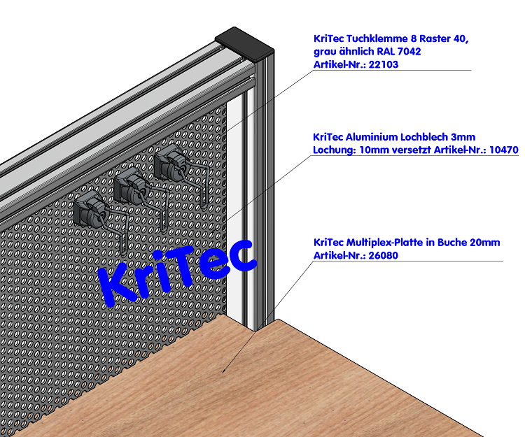 KriTec Tuchklemme 8 Raster 40, grau ähnlich RAL 7042
