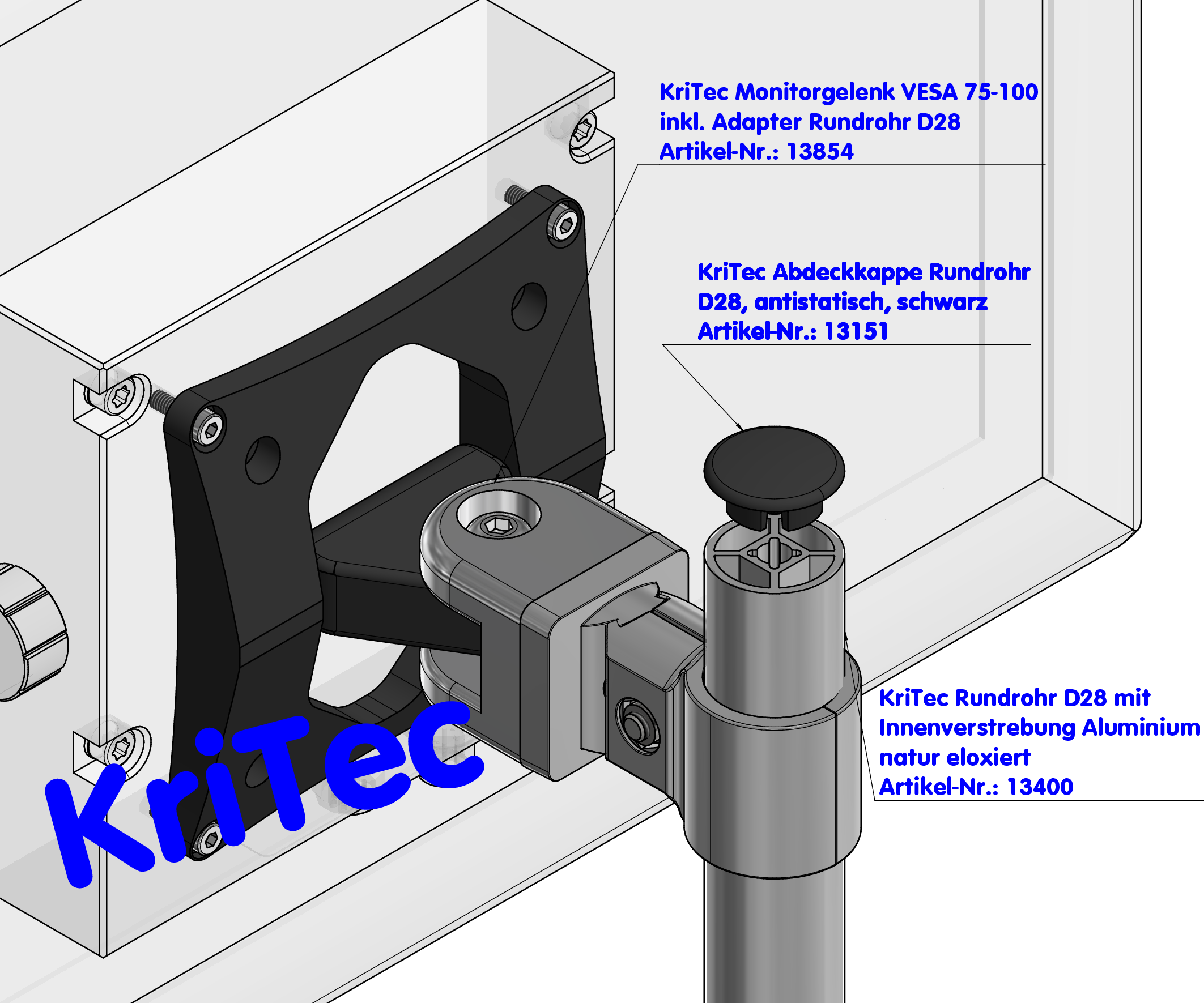 KriTec Monitorgelenk VESA 75-100 inkl. Adapter Rundrohr D28