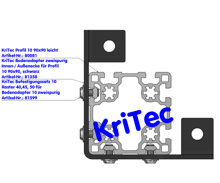 KriTec Bodenadapter zweispurig Innen-/ Außenecke für Profil 10 90x90, schwarz