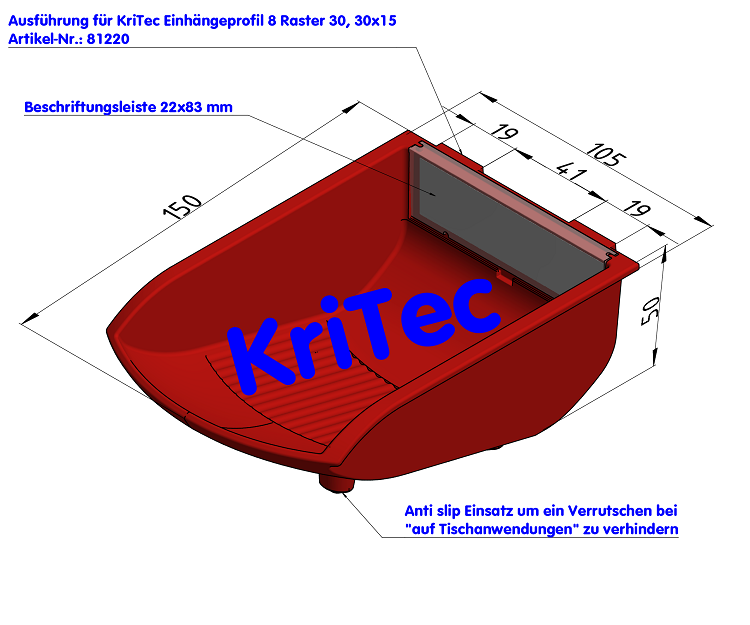 KriTec Greifschale Schiene 105x130x50 verkehrsrot ähnl. RAL 3020