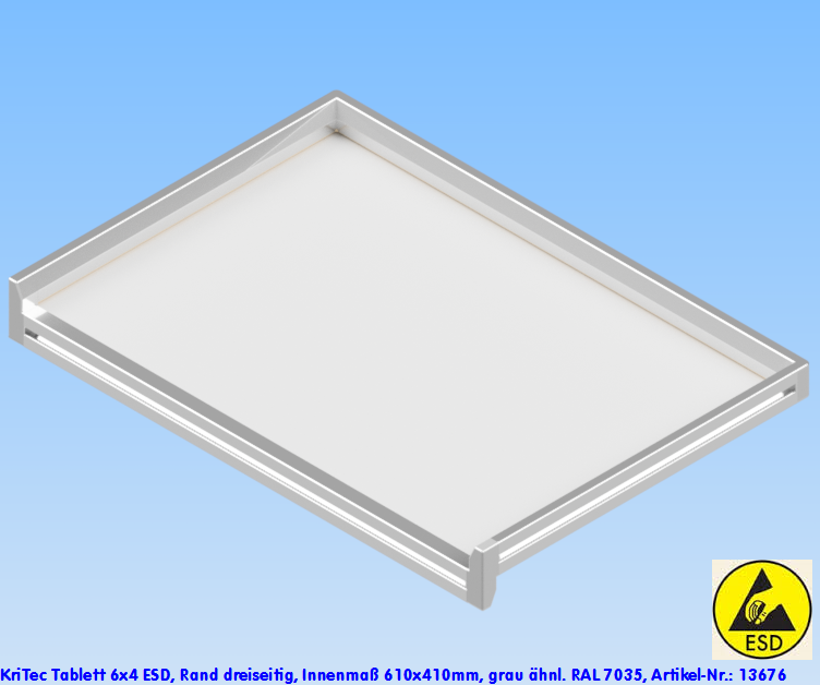 KriTec Tablett 6x4 ESD, Rand dreiseitig, Innenmaß 610x410mm, grau ähnl. 7035