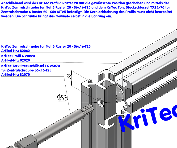 KriTec Zentralschraube für Nut 6 Raster 20 - S6x16-T25
