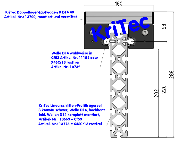 KriTec Linearschlitten-Profilträgerset 8 240x40 schwer, Welle D14, hochkant