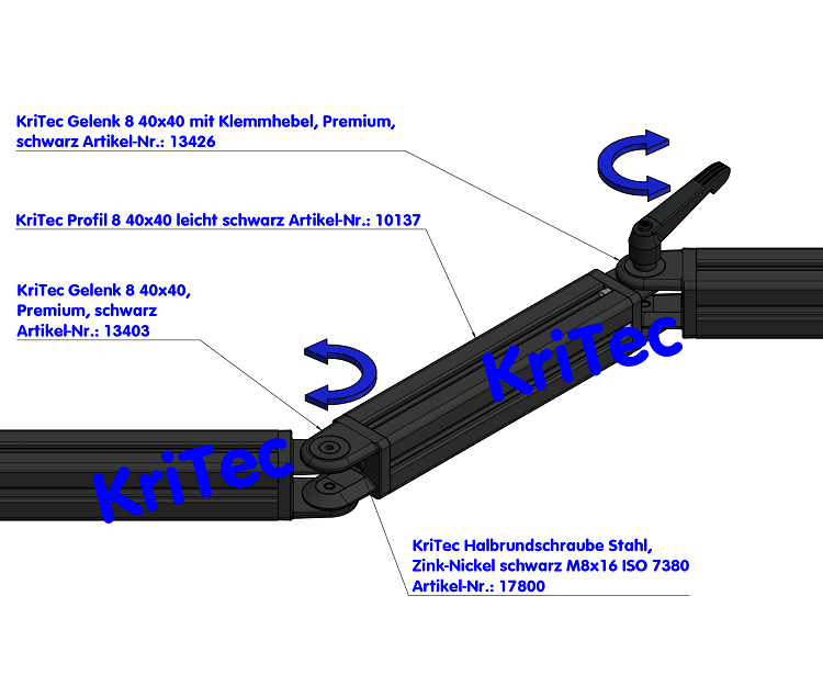 KriTec Gelenk 8 40x40 mit Klemmhebel, Premium, schwarz