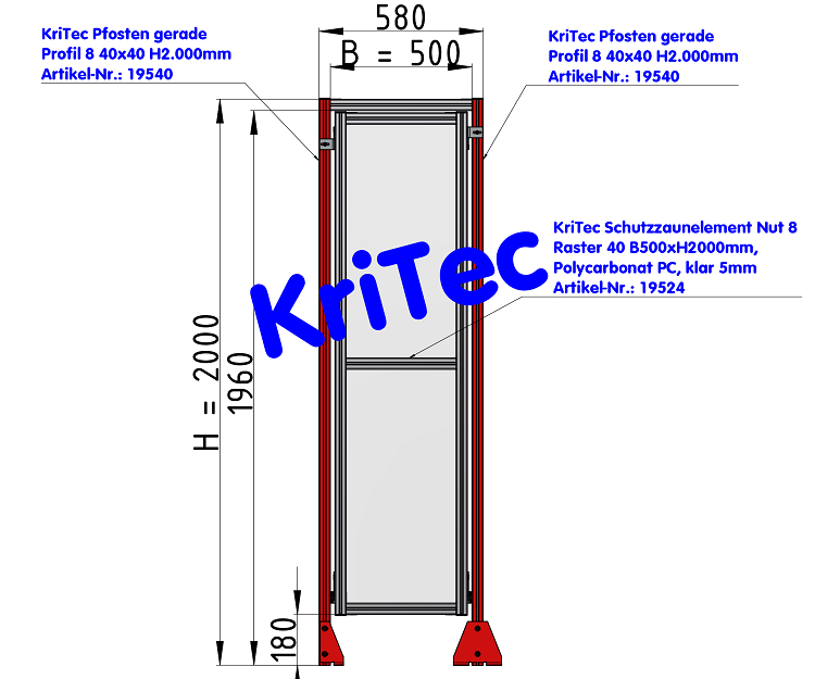 KriTec Schutzzaunelement Nut 8 Raster 40, B500xH2000mm, Polycarbonat PC, klar 5mm