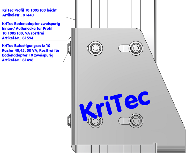 KriTec Bodenadapter zweispurig Innen-/ Außenecke für Profil 10 100x100, VA rostfrei