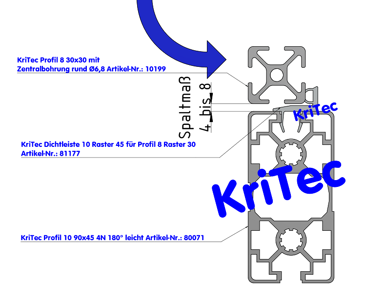 KriTec Dichtleiste 10 Raster 45 für Profil 8 Raster 30
