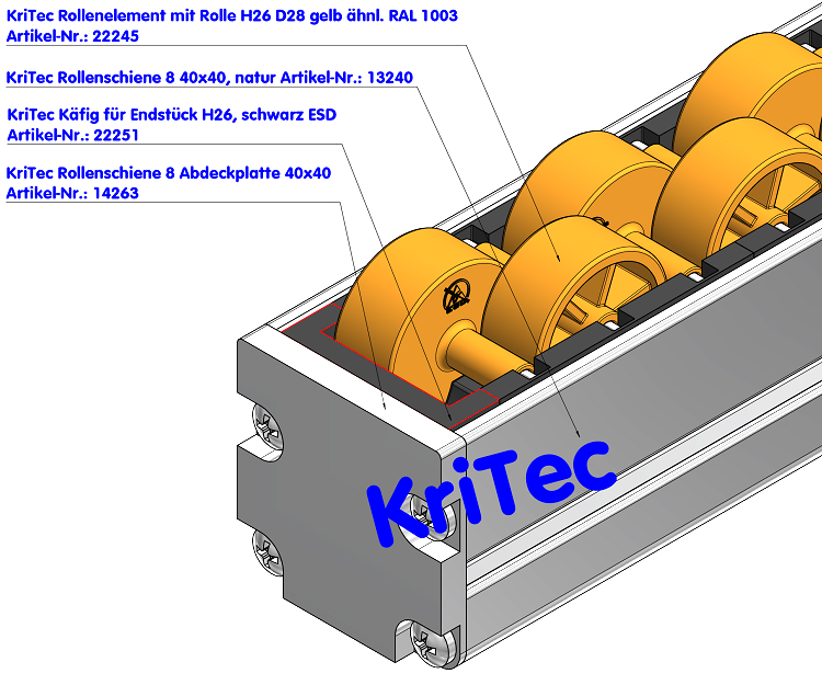 KriTec Rollenelement D28 mit Rolle H26 gelb ähnl. RAL 1003