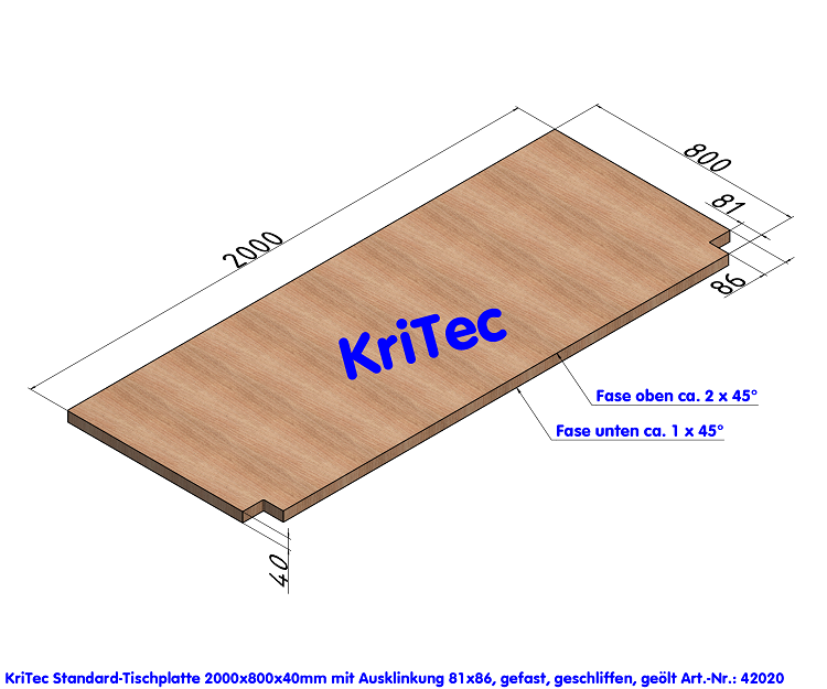 KriTec Standard-Tischplatte 2.000x800x40mm mit Ausklinkungen 81x86mm
