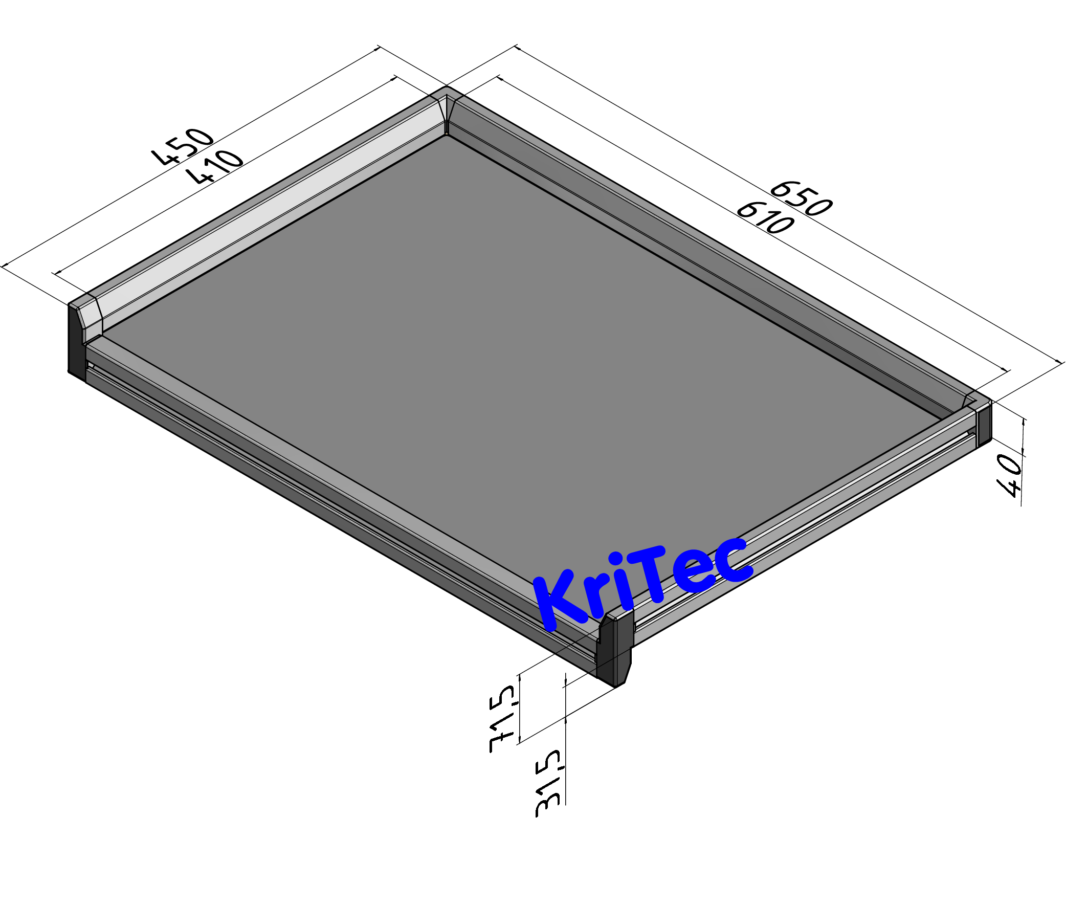 KriTec Tablett 6x4 ESD, Rand dreiseitig, Innenmaß 610x410mm, grau ähnl. 7035