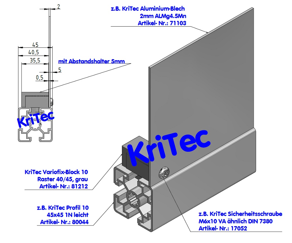 KriTec Profil 10 45x45 1N leicht (1 Nut geschlossen, 3 Nuten offen)