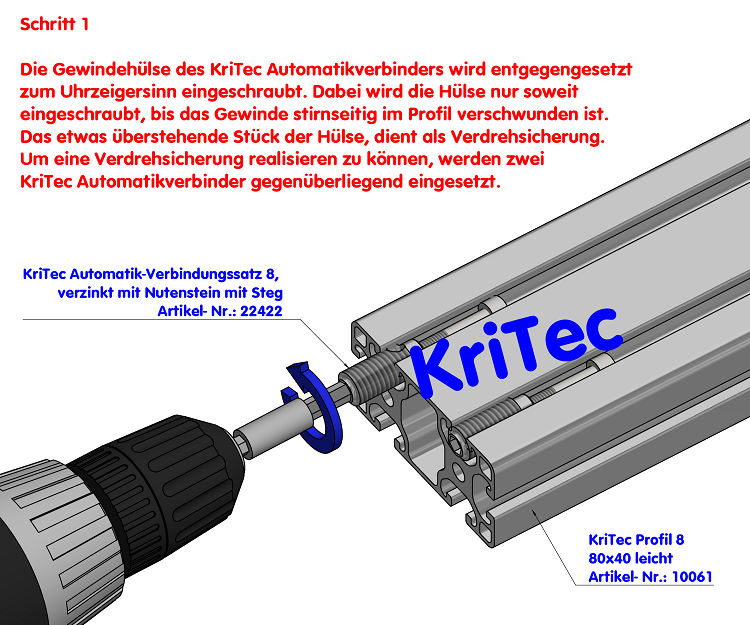 KriTec Automatik-Verbindungssatz 8 Raster 40, verzinkt mit Nutenstein mit Steg