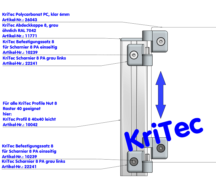 KriTec Scharnier 8 PA, links, grau