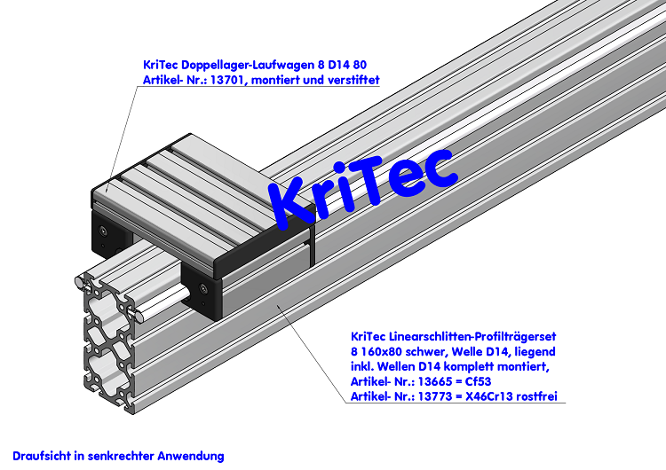 KriTec Linearschlitten-Profilträgerset 8 160x80 schwer, Welle D14, hochkant