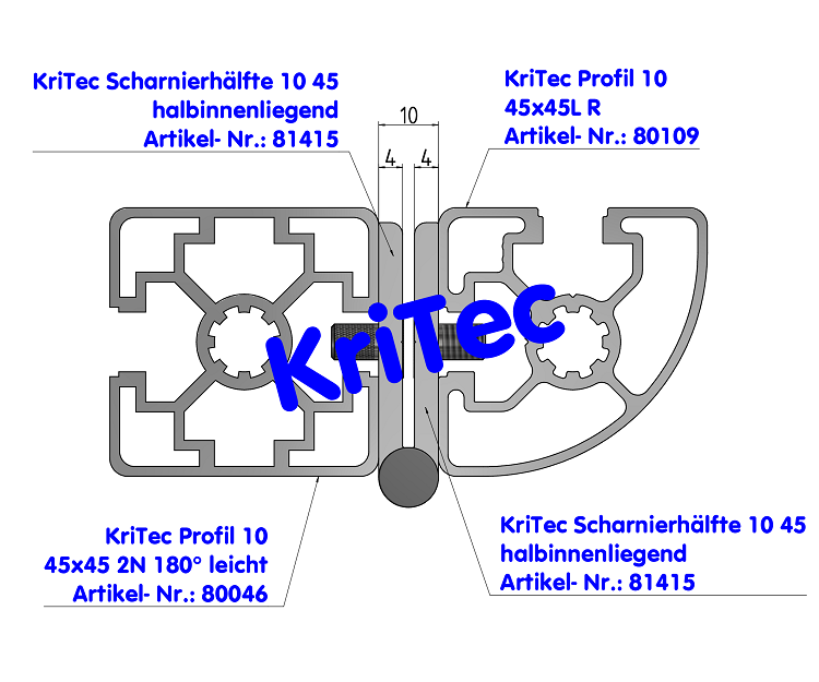 KriTec Scharnierhälfte 10 45 halbinnenliegend, eloxiert