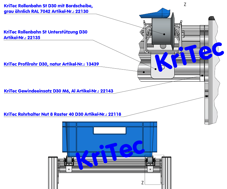 KriTec Rollenbahn St D30 mit Bordscheibe, grau ähnlich RAL 7042