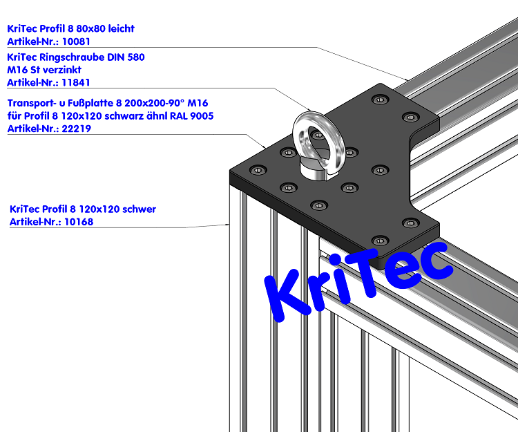 KriTec Transport- und Fußplatte 8 200x200-90° M16 für Profil 8 120x120 schwarz