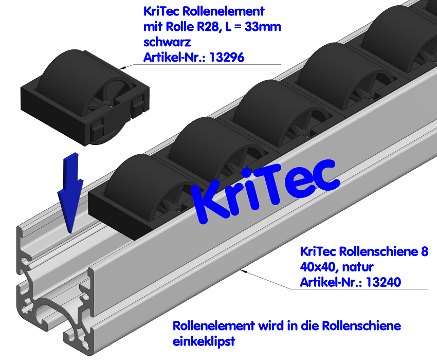 KriTec Rollenelement D28 mit Rolle R28, Länge 33mm, schwarz