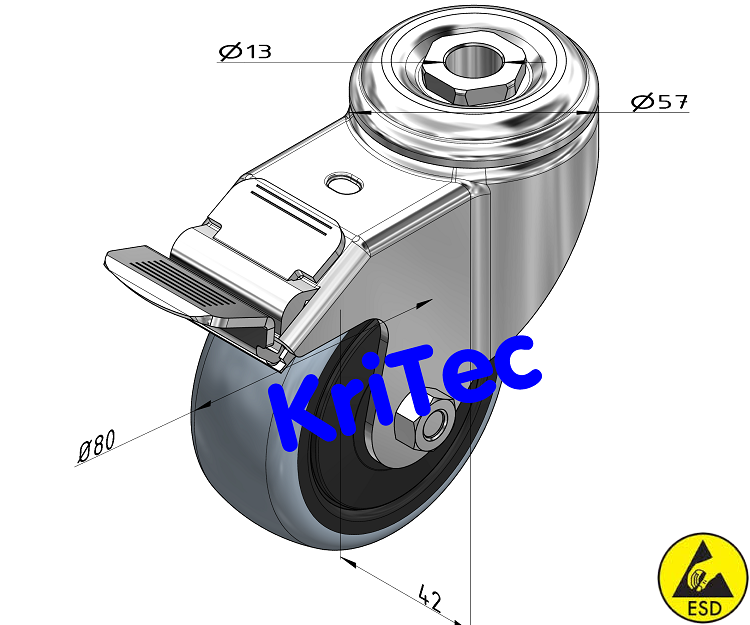 KriTec Lenkrolle D80 TPE grau ESD mit Doppelfestbremse
