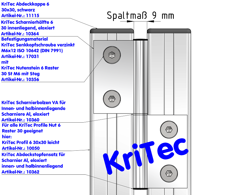 KriTec Scharnierhälfte 6 30 innenliegend, eloxiert