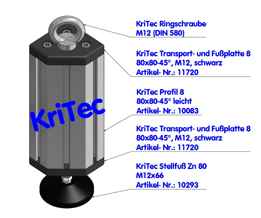 KriTec Transport- und Fußplatte 8 80x80-45°, M12, schwarz