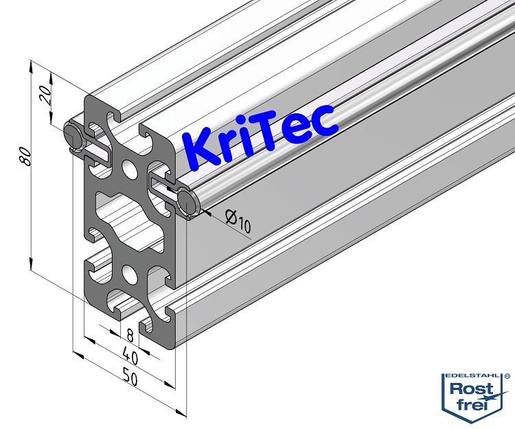 KriTec Linearschlitten-Profilträgerset 880x40 schwer, Welle D10 rostfrei, hochkant