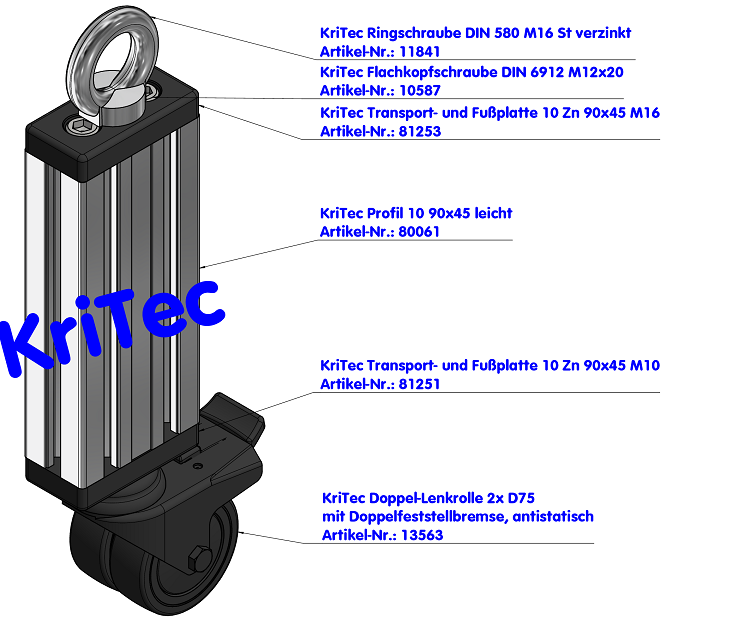 KriTec Doppel-Lenkrolle 2x D75 mit Doppelfeststellbremse, antistatisch