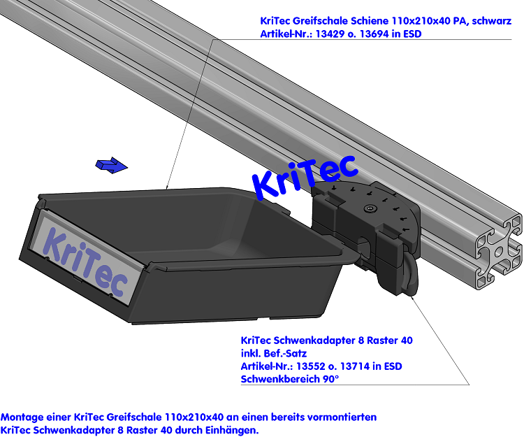 KriTec Greifschale Schiene 110x210x40 PA, schwarz