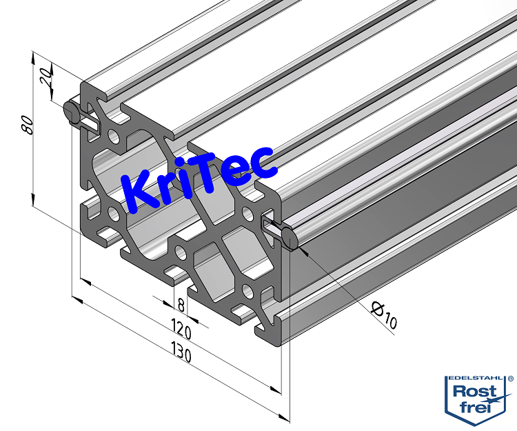 KriTec Linearschlitten-Profilträgerset 8 120x80 schwer, Welle D10 rostfrei, liegend