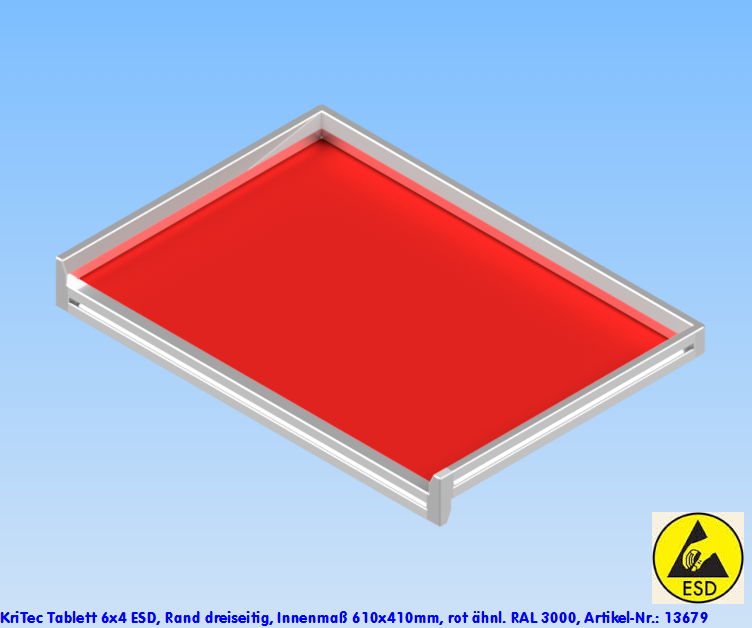 KriTec Tablett 6x4 ESD, Rand dreiseitig, Innenmaß 610x410mm, rot ähnl. RAL 3000