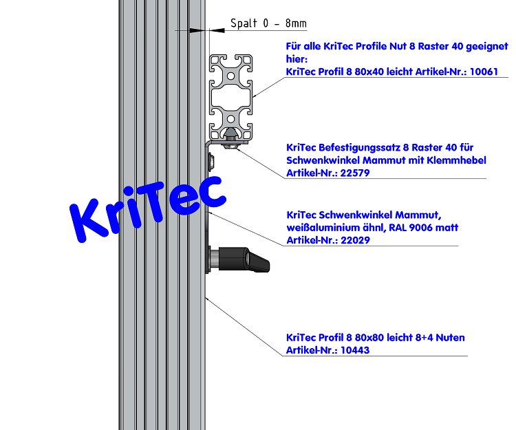 KriTec Schwenkwinkel Mammut, weißaluminium ähnl. RAL 9006 matt