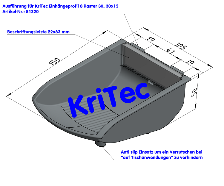 KriTec Greifschale Schiene 105x130x50 grau ähnlich RAL 7042