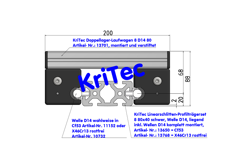 KriTec Linearschlitten-Profilträgerset 8 80x40 schwer, Welle D14, liegend