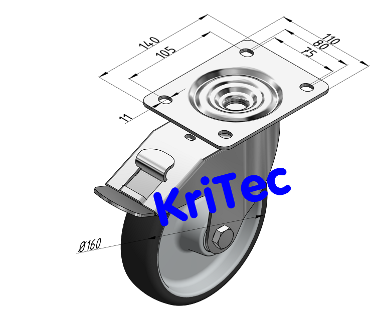 KriTec Schwerlast-Lenkrolle D160 mit Feststeller auf der Nachlaufseite
