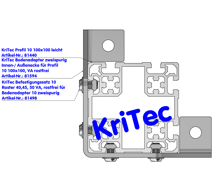 KriTec Bodenadapter zweispurig Innen-/ Außenecke für Profil 10 100x100, VA rostfrei