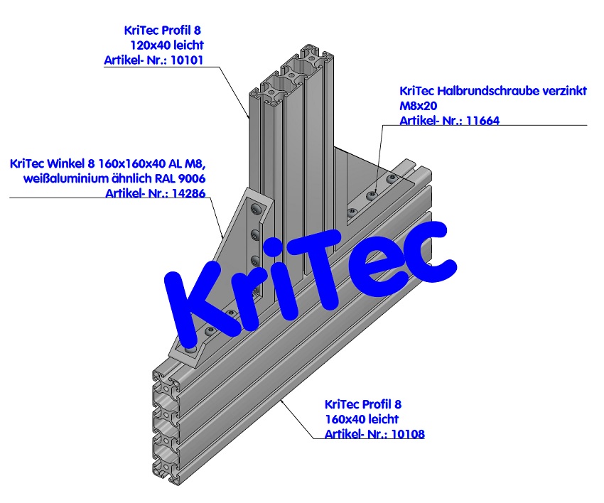 KriTec Winkel 8 160x160x40 Al M8, weißaluminium ähnlich RAL 9006