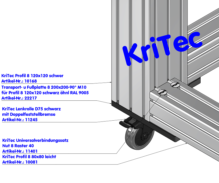 KriTec Transport- und Fußplatte 8 200x200-90° M10 für Profil 8 120x120 schwarz